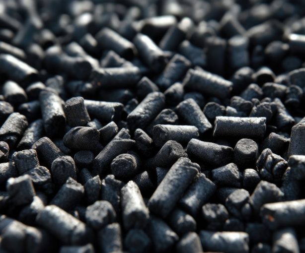 Black granules biochar pellets. Organic biochar derived made from woody material through pyrolysis. Biochar increases the carbon content of the soil, providing optimal conditions for plant growth